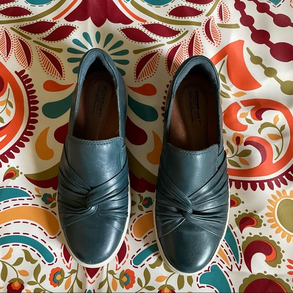 Rockport Willa Bow Ruched Teal Leather Slip On 7.5 - Picture 2 of 10